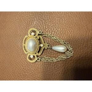 Vintage Gold-Tone Brooch with Faux Pearls and Chain Detail